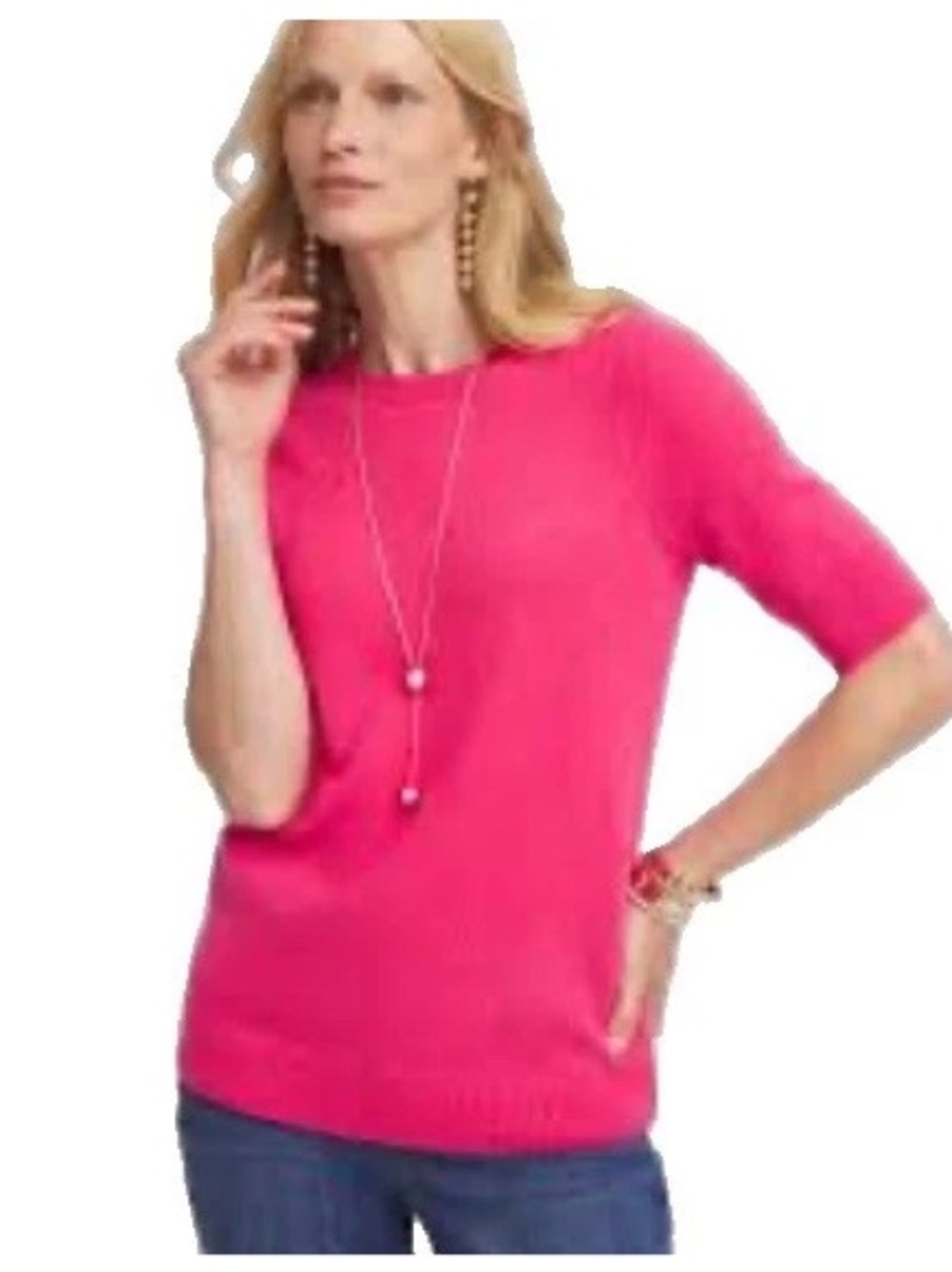Chico’s Cashmere 2/L Pink Crew Neck Knit Short Sleeve Luxurious Pullover Sweater